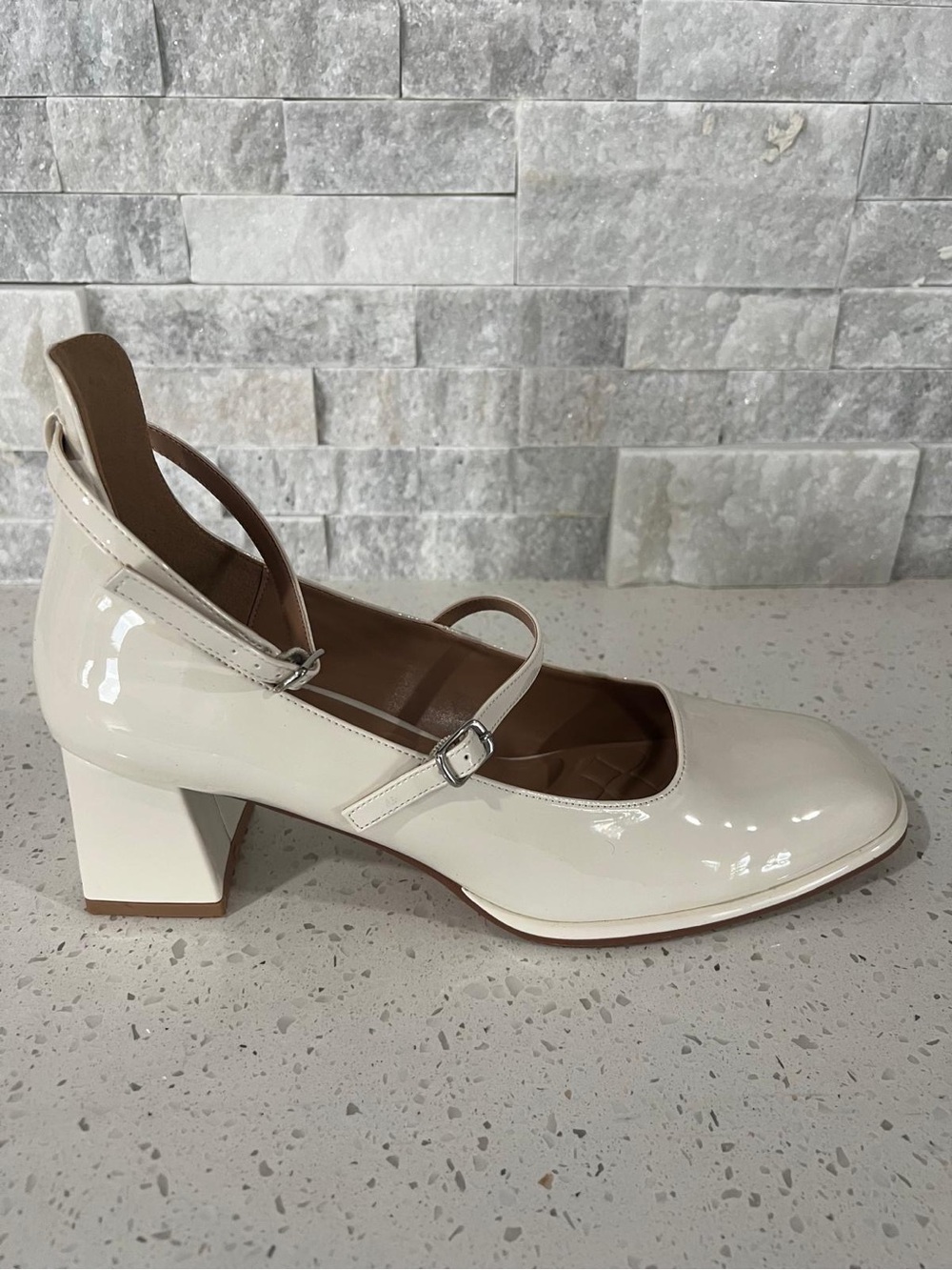 Patent Mary Jane Block Heel Pumps in Cream